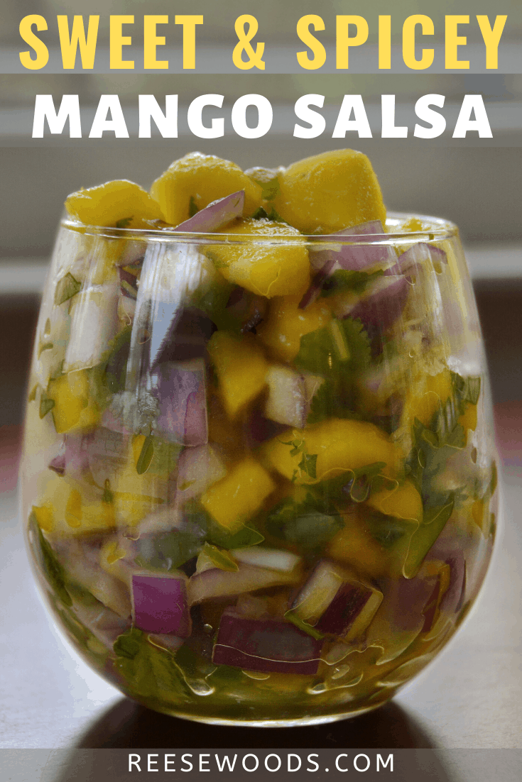 Easy sweet and spicy mango salsa. This salsa recipe is gluten-free, vegan-friendly and the perfect summer side dish to slay at your next cookout or BBQ. Learn how to tell when a mango is ripe and the trick to cutting a mango perfectly every time in this beginner friendly mango salsa recipe. reesewoods.com #reesewoodsfitness #mangosalsa #salsarecipe #bbqsidedish #tacotuesdayrecipe