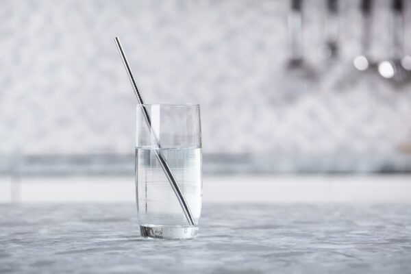 A glass of water with a recyclable metal straw sit on a kitchen counter