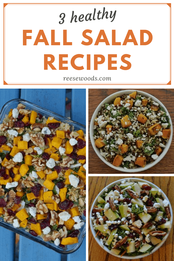 3 healthy fall salads for tailgating, friendsgiving, or your next holiday dinner. 3 fit salad recipes for your holiday dinner. reesewoods.com #reesewoodsfitness #pumpkinrecipes #healthyholidayrecipes