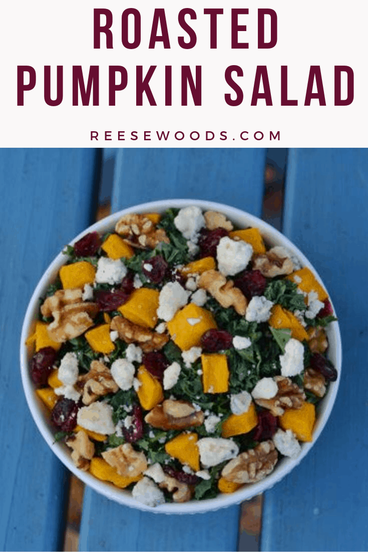 Roasted pumpkin salad for tailgating, friendsgiving, or your next holiday dinner. 3 fit salad recipes for your holiday dinner. reesewoods.com #reesewoodsfitness #pumpkinrecipes #healthyholidayrecipes