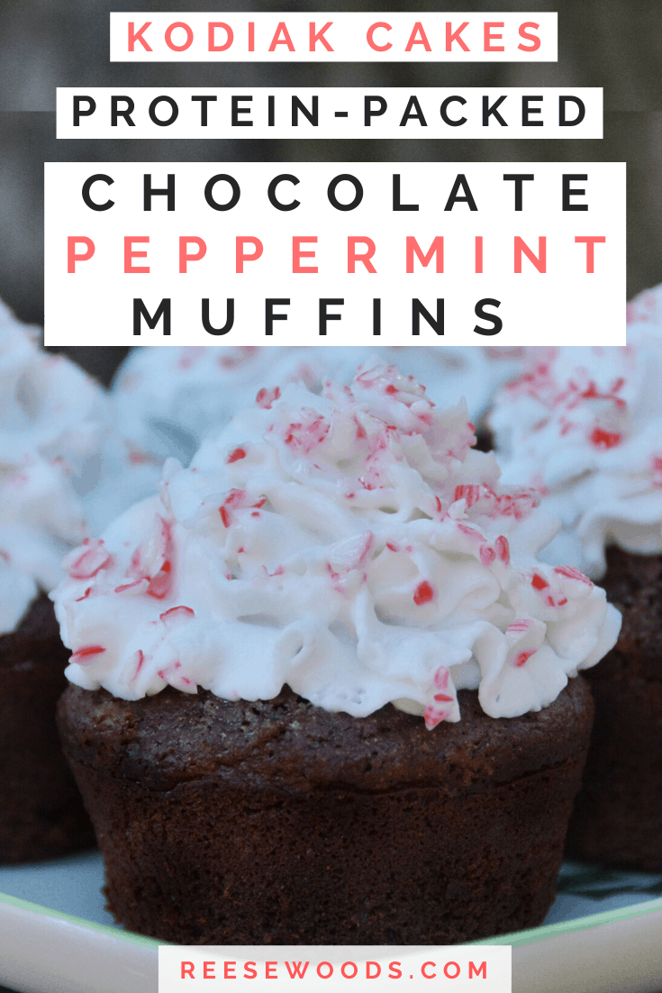 Chocolate peppermint Kodiak muffin recipe. Looking for a healthy Kodiak recipe that tastes like a dream? I was disappointed with a lot of the Kodiak protein muffin recipes I found online, so I decided to make my own. These healthy chocolate peppermint muffins are low-fat, low-carb, high-protein, vegan adaptable and highly delicious. All the macros are listed if you’re counting macros. #kodiakcakes #proteinmuffins #healthyholidayrecipes #reesewoodsfitness www.reesewoods.com