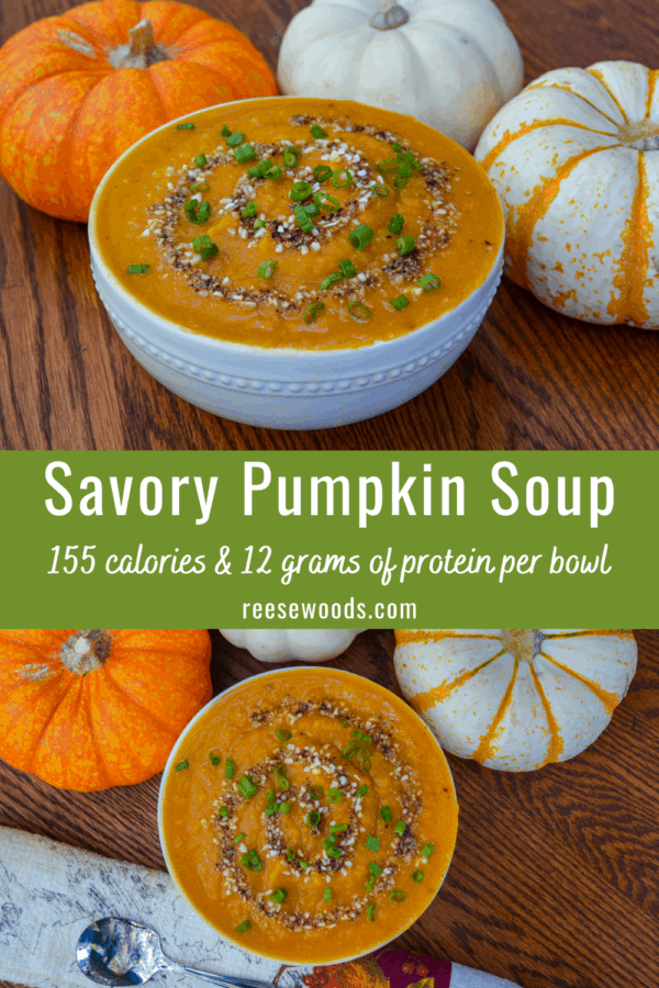 This low-calorie pumpkin soup is cheesy, savory and delicious. With only 155 calories and over 12 grams of protein per serving, you won't feel bad having a second bowl!
