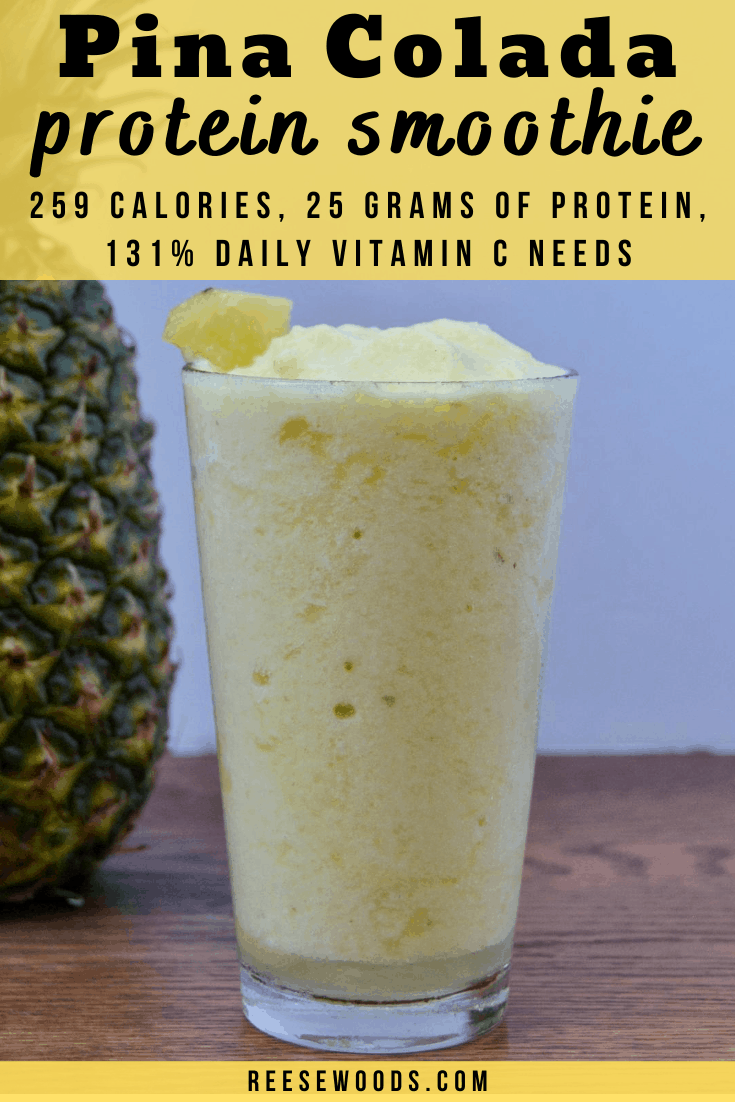 Pina colada protein smoothie recipe. This low-calorie smoothie is only 249 calories but packed with nutrients and 25 grams of protein. This immune boosting smoothie has over 131% of your daily vitamin C! It's also loaded with digestive enzymes, antioxidants and more. Gluten-free, vegan and kid-friendly!